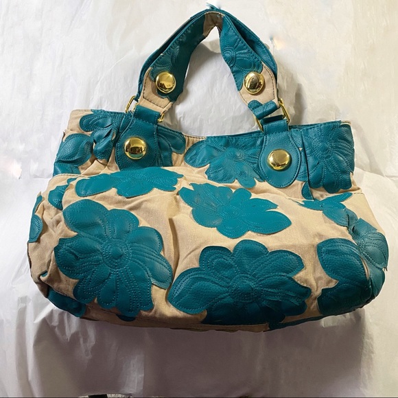 Big Buddha Handbags - NWT Big Buddha Tan w/Teal Stitched Hibiscus Purse